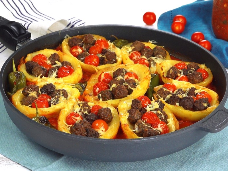 Deep-Fried Potato Boats Stuffed With Meatballs And Cherry Tomatoes