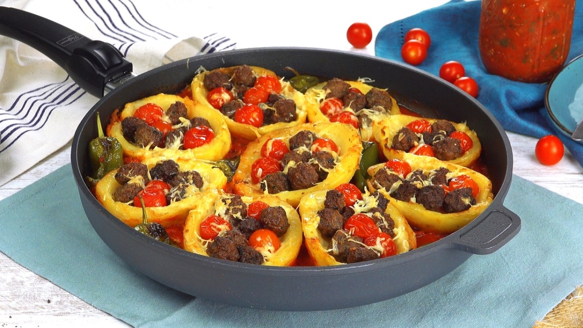 Deep-Fried Potato Boats Stuffed With Meatballs And Cherry Tomatoes