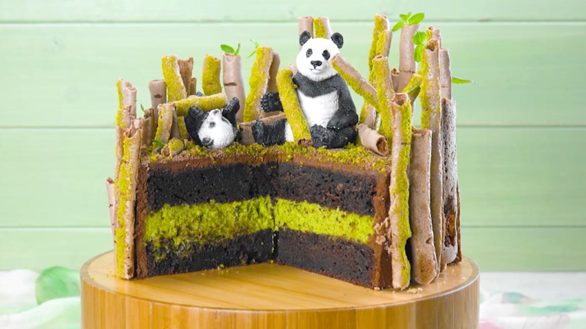 Chocolate Panda Cake With Pistachio Cream And Chocolate Meringue Bamboo Sticks