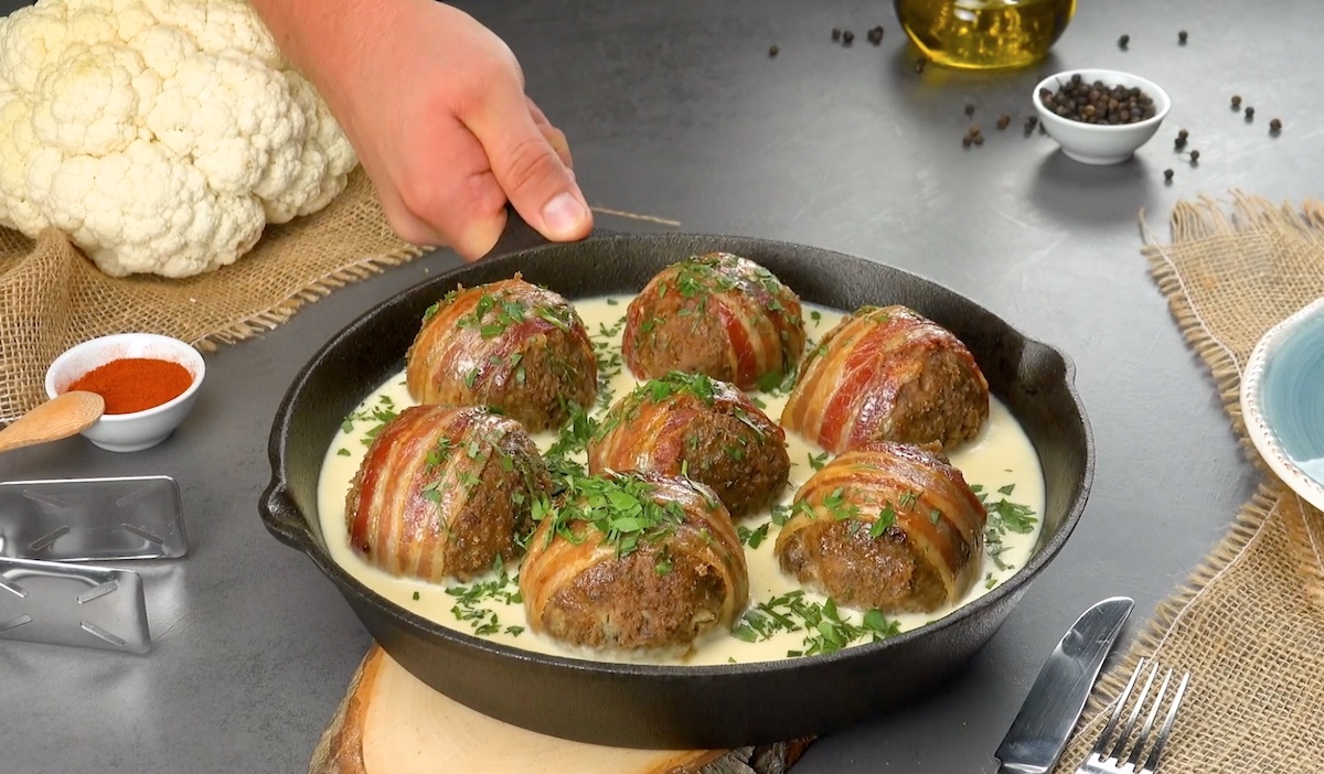 Bacon-Wrapped, Cauliflower-Stuffed Meatballs