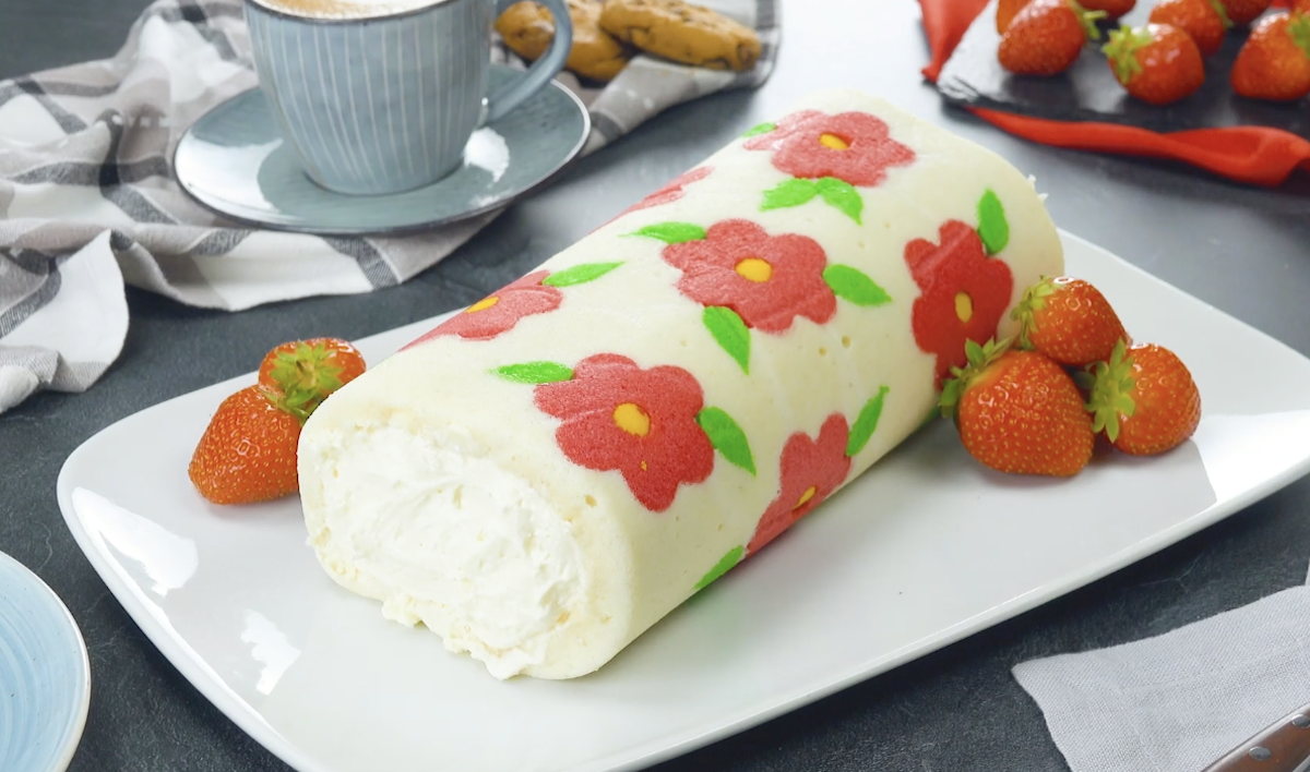 Strawberry Flower Cake Roll With Cream Cheese Frosting