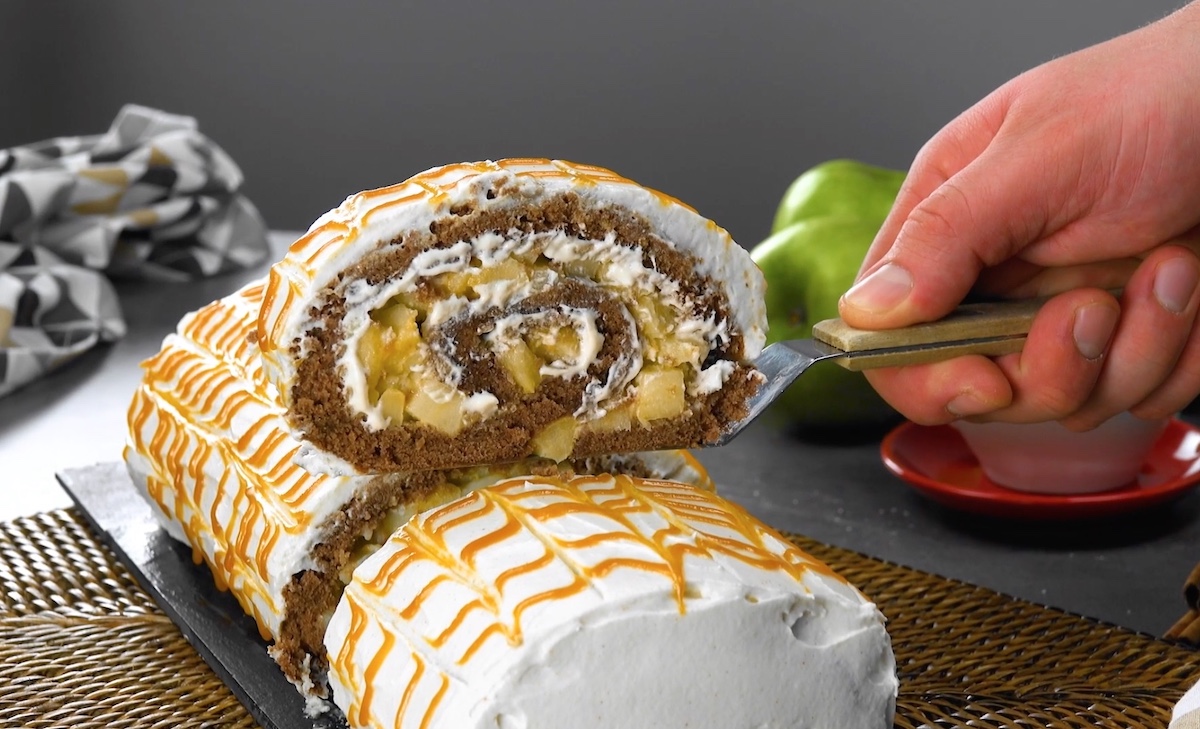 Caramel Apple Cake Roll Filled With Cinnamon Cream